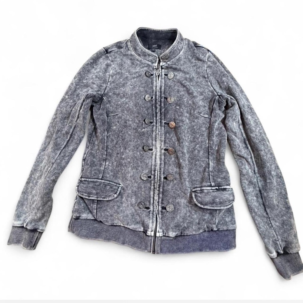Yest Acid Wash Military Jacket Gray Button Front Fitted Goth Grunge XS S